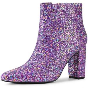 Purple Sparkly sequin bedazzled chunky heel booties, Taylor Swift Speak Now Eras